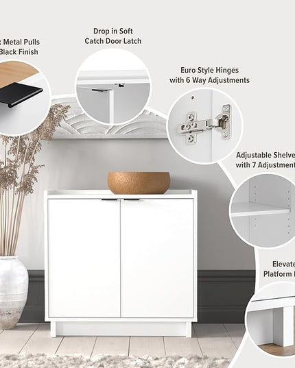 Prepac Simply Modern 2 Console Table, White Doors and Shelves, Buffet Cabinet with Storage, 30.75" W x 30" H x 16" D - LeafyLoom