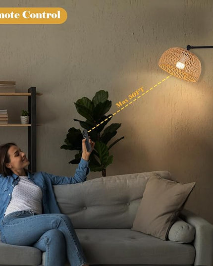 Floor Lamp with Remote, Rope Standing Lamps with LED Bulb, Boho Farmhouse Tall Pole Lamp with 3 Color Temperatures, Modern Black Floor Lamp for Living Room Bedroom Office Study - LeafyLoom