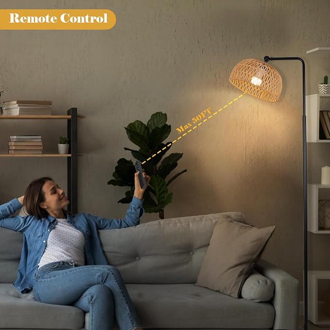 Floor Lamp with Remote, Rope Standing Lamps with LED Bulb, Boho Farmhouse Tall Pole Lamp with 3 Color Temperatures, Modern Black Floor Lamp for Living Room Bedroom Office Study - LeafyLoom