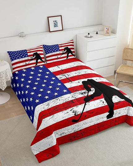 Erosebridal American Flag Comforter Set Twin, Hockey Bedding Set United States Sports Games Down Comforter for Kids Boys Teens Bedroom, Red White Geometric Stripes Duvet Sets with 1 Pillowcase - LeafyLoom