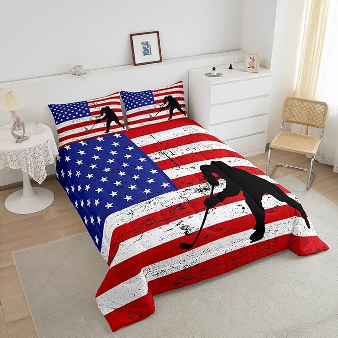 Erosebridal American Flag Comforter Set Full, Hockey Bedding Set United States Sports Games Down Comforter for Kids Boys Teens Bedroom, Red White Geometric Stripes Duvet Sets with 2 Pillowcases - LeafyLoom