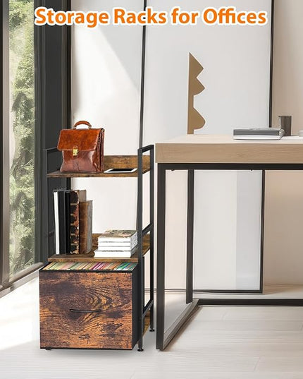 Book Shelf with Storage 3 Tier Narrow Skinny Short Standing Shelves Bookcase with Drawers for Bedroom Living Room, Small Bookshelf for Small Space Rustic Shelf Organizer Office Display Shelf - LeafyLoom