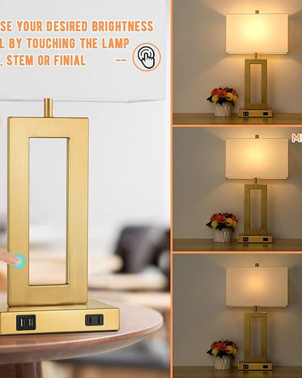 22’’ Table Lamps for Bedrooms Set of 2, Gold Bedside USB Desk Lamp with AC Outlet, Touch Control Modern Vintage Living Room Table Lamp for Nightstand End Table, 3-Way Dimming with 2 E26 Edison Bulbs - LeafyLoom