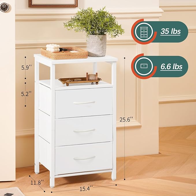 Yoobure Night Stand with Charging Station, 16 Colors LED Nightstand with USB Ports and Outlets, End Table with 3 Fabric Drawers and Storage Shelf, Bedside Tables Small Dresser for Small Space White - LeafyLoom