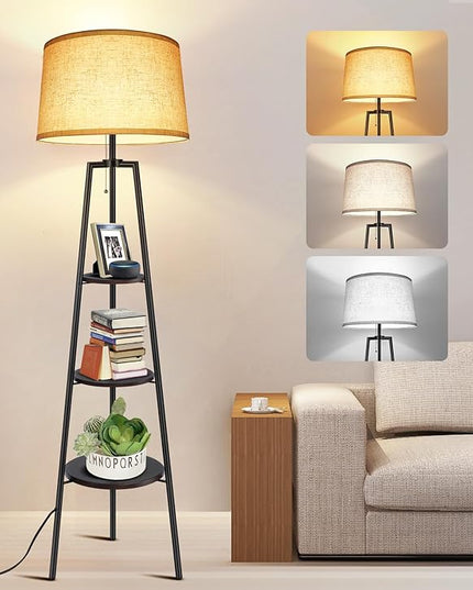 OUTON Tripod Floor Lamp with Shelves, Modern Shelf Floor Lamp with 3 Color Temperatures, Memory Function, Standing Tall Lamp with White Linen Texture Shade for Living Room, Bedroom, Office, Brown - LeafyLoom