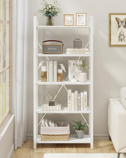 FATORRI 5 Tier Bookshelf, Metal and Wood Bookcase, Etagere Book Shelf for Display, Modern Shelving Unit Tall Book case for Home Office, Living Room, Bedroom (White Oak) - LeafyLoom