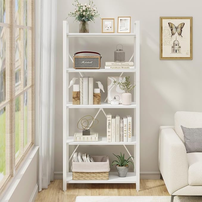 FATORRI 5 Tier Bookshelf, Metal and Wood Bookcase, Etagere Book Shelf for Display, Modern Shelving Unit Tall Book case for Home Office, Living Room, Bedroom (White Oak) - LeafyLoom
