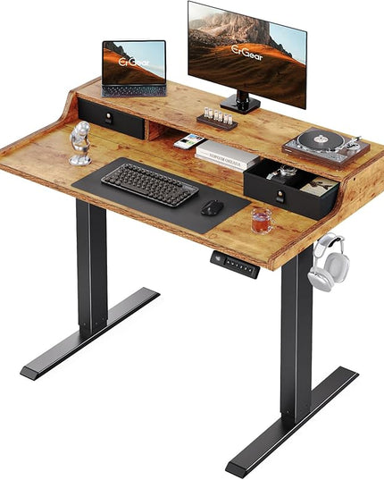 ErGear Electric Standing Desk with Drawers, 40″ x 24″ Gaming Desk with Monitor Stand, C-Clamp Mount Compatible, Home Office Height-Adjustable Desk with Storage Shelf, 4 Preset Heights, Vintage Brown - LeafyLoom