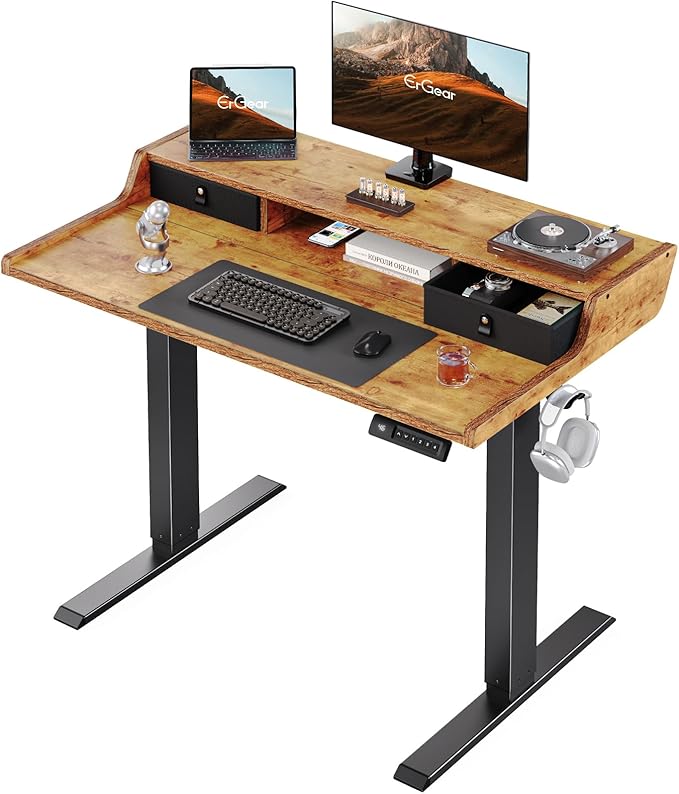 ErGear Electric Standing Desk with Drawers, 40″ x 24″ Gaming Desk with Monitor Stand, C-Clamp Mount Compatible, Home Office Height-Adjustable Desk with Storage Shelf, 4 Preset Heights, Vintage Brown - LeafyLoom