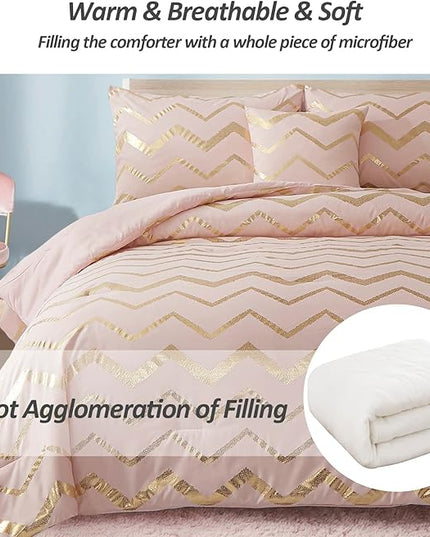 Pink Comforter Set Twin Size, Metallic Blush and Rose Gold Bedding Set, 3 Piece Lightweight Microfiber Comforter for Teen Girls Women (1 Pillow Sham + 1 Decorative Pillow Sham) - LeafyLoom