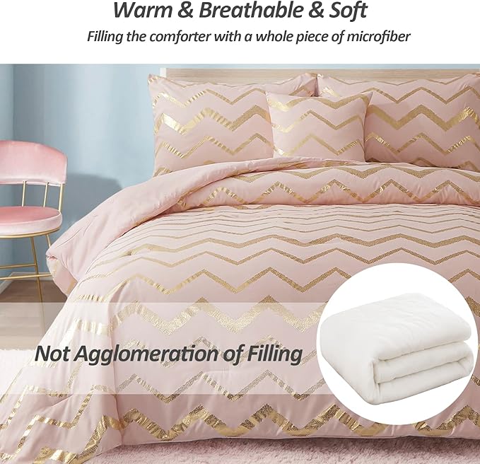 Pink Comforter Set Twin Size, Metallic Blush and Rose Gold Bedding Set, 3 Piece Lightweight Microfiber Comforter for Teen Girls Women (1 Pillow Sham + 1 Decorative Pillow Sham) - LeafyLoom