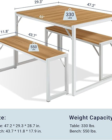 Allewie 3-Piece Kitchen Dining Table Sets with Benches, Sturdy Triangle Structure, Space-Saving, Multifunctional for Dining Room/Living Room/Studio, Maple Brown & White - LeafyLoom