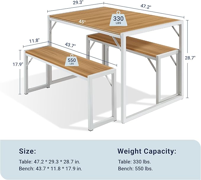 Allewie 3-Piece Kitchen Dining Table Sets with Benches, Sturdy Triangle Structure, Space-Saving, Multifunctional for Dining Room/Living Room/Studio, Maple Brown & White - LeafyLoom