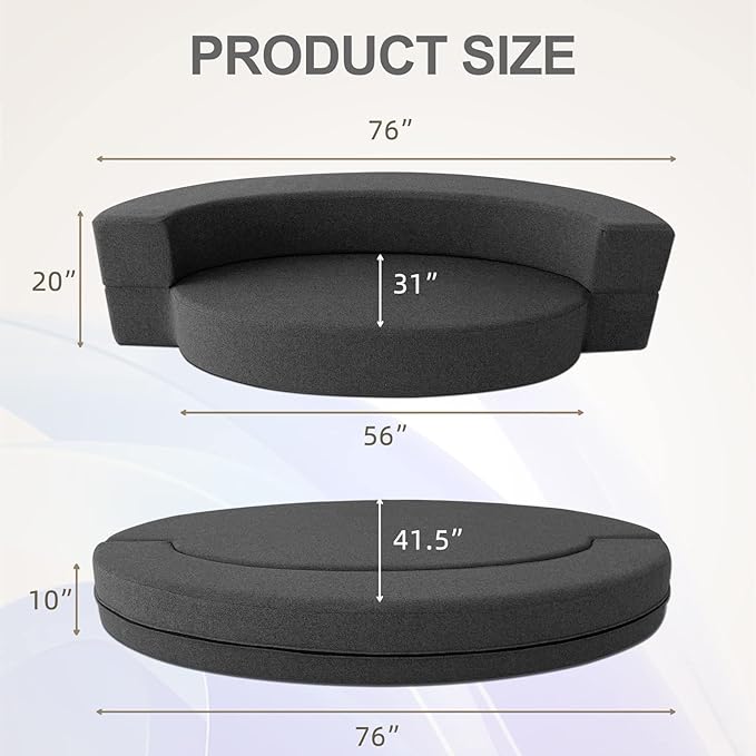 Modern Folding Sofa Bed Couch Memory Foam with 2 Pillows Sleeper sofa futon couch for Bedroom Living Room Guests, Washable Set, Stylish Oval 76''L × 41.5''D × 10''H,Dark Gray - LeafyLoom