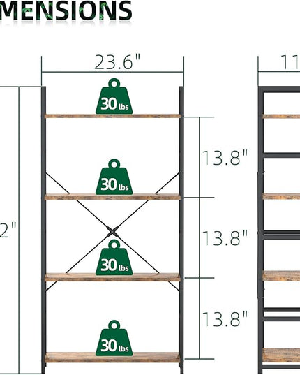 OTK 4 Tier Bookshelf, Tall Bookcase, Office Shelf Storage Organizer, Modern Book Shelf for Living Room, Bedroom, and Home Office, Vintage - LeafyLoom