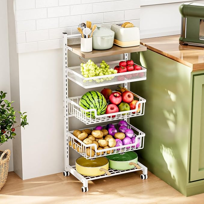 HapiRm Fruit Basket Vegetable Basket - 5 Tier Adjustable Kitchen Storage Cart, Wooden Top Table Fruit and Vegetable Car Snack Cart with Wheels, Metal Mesh and Wire Storage Basket for Onions Potatoes - LeafyLoom
