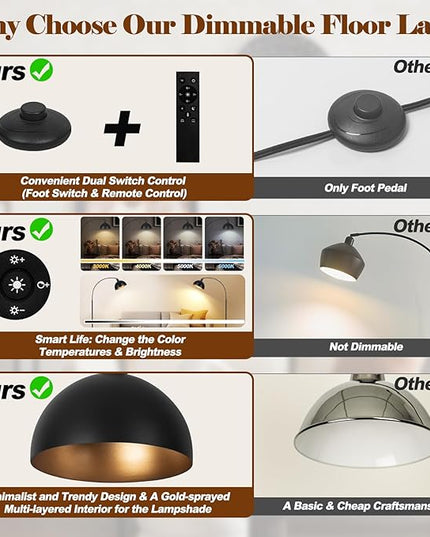 【Upgraded】Black Arc Floor Lamps for Living Room - Dimmable Arched Floor Lamp with Remote Control & 2700-6000K 9W LED Bulb Included, Modern Arch Standing lamp, Industrial Tall Lamp for Bedroom Reading - LeafyLoom