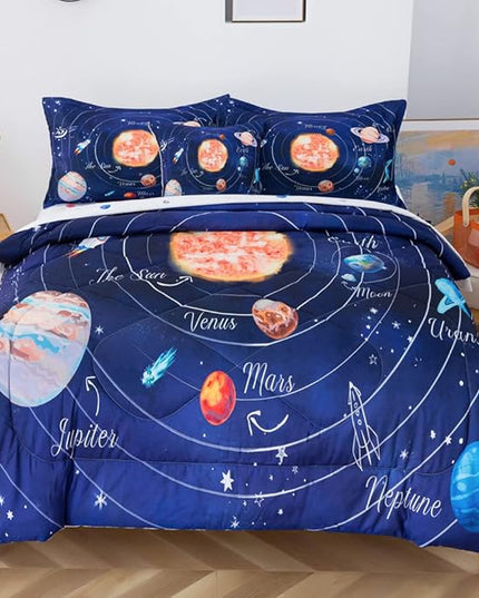 ADASMILE A & S Solar System Comforter Set Twin Outer Space Comforter for Kids 6 Pcs Bed in A Bag Twin Comforter Set for Boys Space Bed Set Galaxy Comforter with Star Moon Sheets for Kids Home Decor - LeafyLoom
