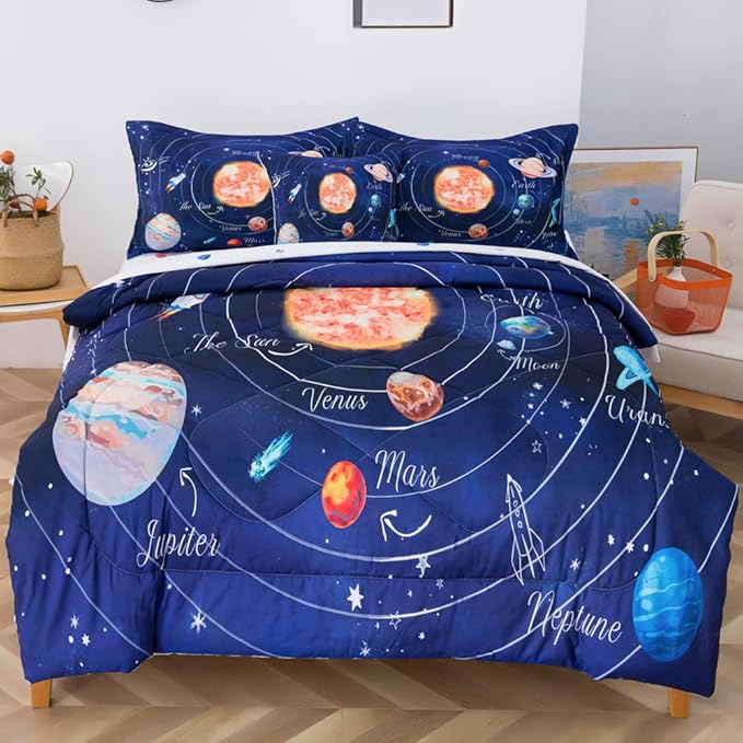 ADASMILE A & S Solar System Comforter Set Twin Outer Space Comforter for Kids 6 Pcs Bed in A Bag Twin Comforter Set for Boys Space Bed Set Galaxy Comforter with Star Moon Sheets for Kids Home Decor - LeafyLoom