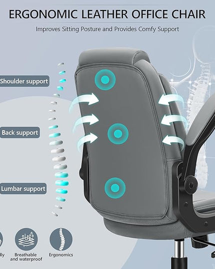 Office Chair Ergonomic Computer Desk Chair, Executive Leather Office Chair with Adjustable Flip-up Armrests Height, Swivel Task Chair with Lumbar Support Rocking Function for Home Office(Gray) - LeafyLoom