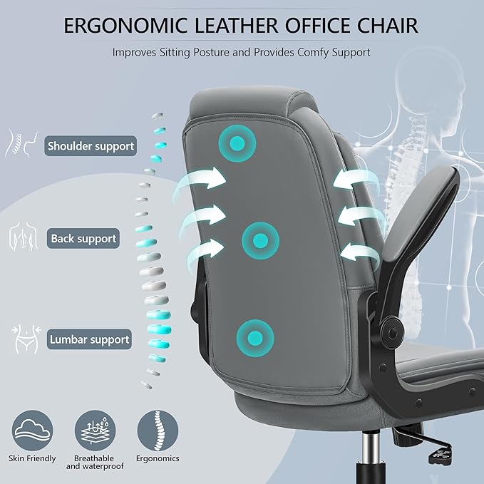 Office Chair Ergonomic Computer Desk Chair, Executive Leather Office Chair with Adjustable Flip-up Armrests Height, Swivel Task Chair with Lumbar Support Rocking Function for Home Office(Gray) - LeafyLoom
