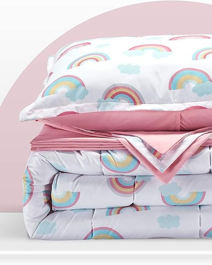SLEEP ZONE Kids Twin Bedding Comforter Set - Super Cute & Soft Kids Bedding 5 Pieces Set with Comforter, Sheet, Pillowcase & Sham (Pink Rainbow) - LeafyLoom