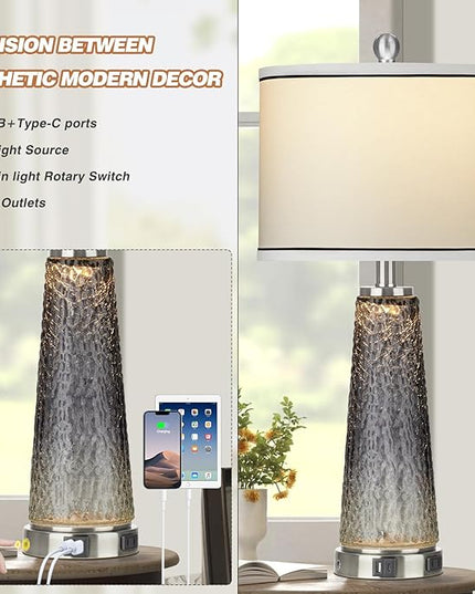 Glass Table Lamp Set of 2, 26" Modern Table Lamps with USB A+C Ports & AC Outlet, Touch Control Bedside Nightstand Lamp with LED Night Light for Living Room Bedroom Home Decor Black(4 Bulbs Included) - LeafyLoom