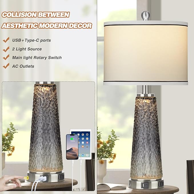 Glass Table Lamp Set of 2, 26" Modern Table Lamps with USB A+C Ports & AC Outlet, Touch Control Bedside Nightstand Lamp with LED Night Light for Living Room Bedroom Home Decor Black(4 Bulbs Included) - LeafyLoom