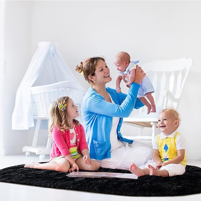 Noahas Ultra Soft Fluffy Bedroom Rugs Kids Room Carpet Modern Shaggy Area Rugs Home Decor 2.6' X 5.3', Black - LeafyLoom