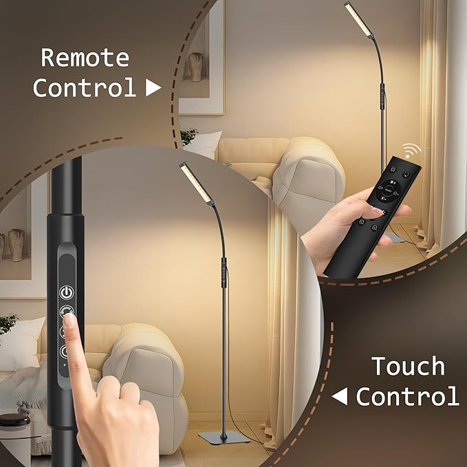 LED Floor Lamp, Bright Floor Lamps for Living Room, Dimmable 3 Color Modes 3000K-6000K & 10 Brightness Standing Lamp, Gooseneck Reading Lamp with Remote Button & Touch Control for Bedroom - LeafyLoom