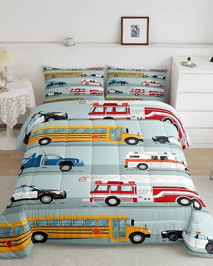 Erosebridal Fire Truck Comforter Set,Police Car Down Comforter King Size,School Bus Bedding Set for Kids Boys Teens Youth,Equipped Truck Cartoon Vehicle Quilt Duvet Insert Bedroom Dorm Decor 3 Pcs - LeafyLoom