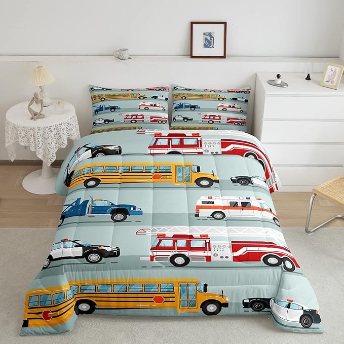 Erosebridal Fire Truck Comforter Set,Police Car Down Comforter King Size,School Bus Bedding Set for Kids Boys Teens Youth,Equipped Truck Cartoon Vehicle Quilt Duvet Insert Bedroom Dorm Decor 3 Pcs - LeafyLoom