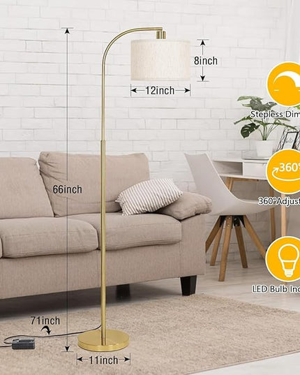 Boncoo LED Floor Lamp Fully Dimmable Modern Standing Lamp Arc Floor Lamp with Adjustable Drum Shade, Gold Tall Pole Reading Lamp Corner Light for Living Room Bedroom Study Room, Bulb Included - LeafyLoom
