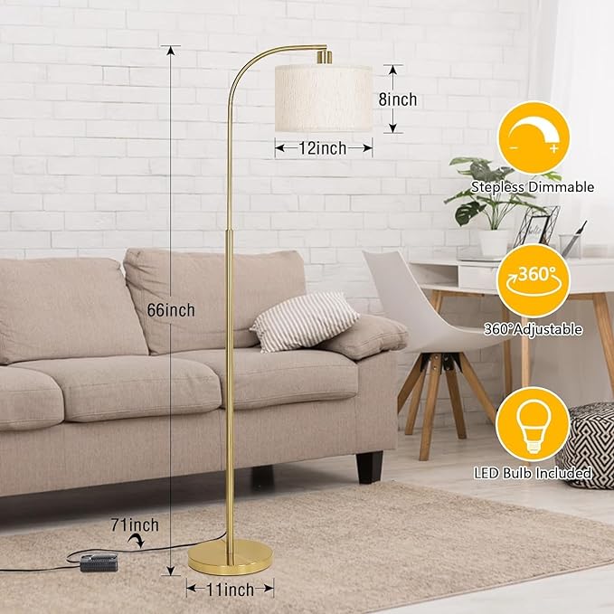 Boncoo LED Floor Lamp Fully Dimmable Modern Standing Lamp Arc Floor Lamp with Adjustable Drum Shade, Gold Tall Pole Reading Lamp Corner Light for Living Room Bedroom Study Room, Bulb Included - LeafyLoom