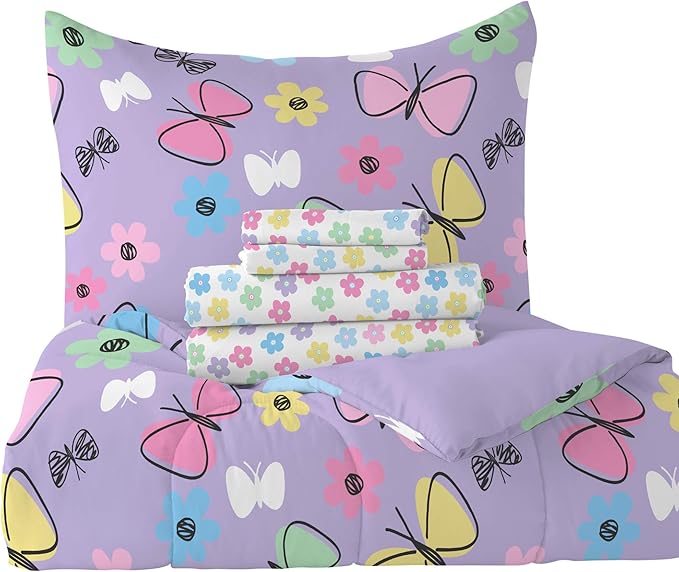 Dream Factory Sweet Butterfly Ultra Soft Microfiber Girls Comforter Set, Purple, Twin - LeafyLoom