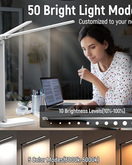 Bright LED Desk Lamp for Home Office - Dual Swing Arm Eye-Caring Architect Task Lamp, Adjustable Foldable Table Lamp, Dimmable Touch Control Desktop Lamp 5 Lighting Modes for Work/Study - LeafyLoom