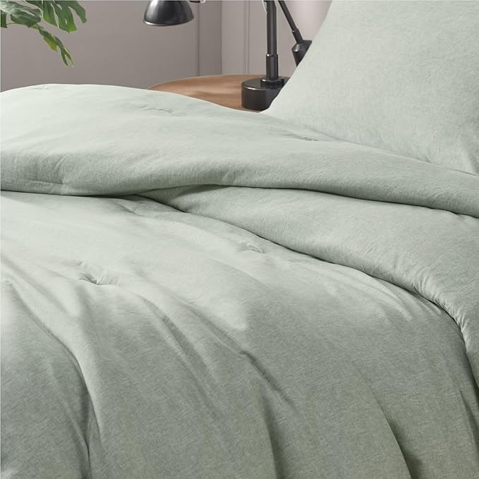 Degrees of Comfort Sage Green Comforter Set King Size, Lightweight Summer Comforters, Soft Chambray Print Cover, Down Alternative Filling, 3 Pieces Bedding Sets Including 1 Comforter and 2 Pillow Sham - LeafyLoom