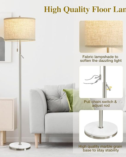 Marble Floor Lamp, Adjustable Height Standing Lamp with Marble Base Tall Lamp with Pull Chain Switch Floor Lamps for Living Room, Bedroom & Office Bulbs Not Included(Silver) - LeafyLoom