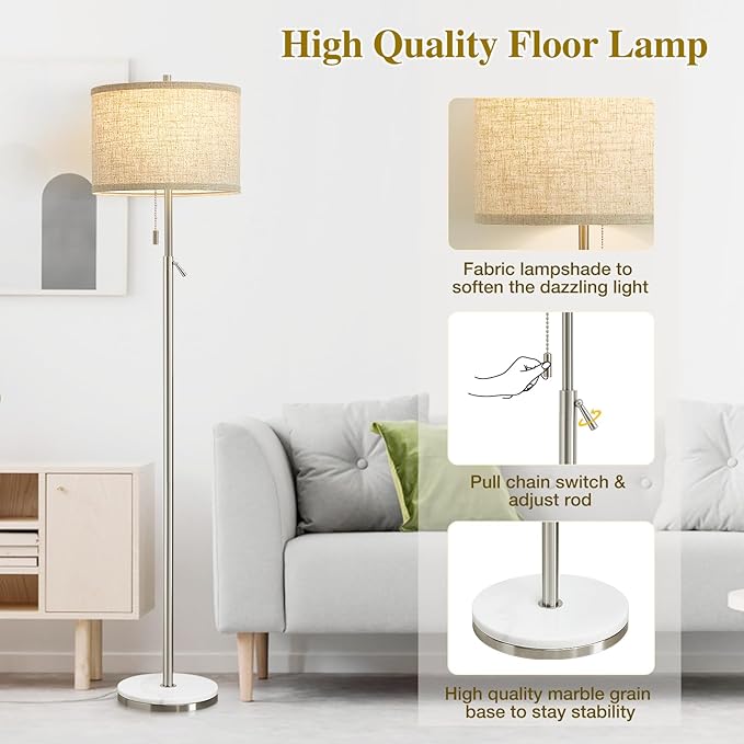 Marble Floor Lamp, Adjustable Height Standing Lamp with Marble Base Tall Lamp with Pull Chain Switch Floor Lamps for Living Room, Bedroom & Office Bulbs Not Included(Silver) - LeafyLoom
