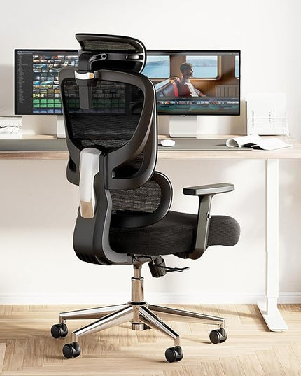 Marsail Ergonomic Office Chair Desk Chair High Back Mesh Office Chair with Adjustable Lumbar Support and Adjustable 2D Headrest, Ergonomic Gaming Chair for Home Office, Bright Black - LeafyLoom