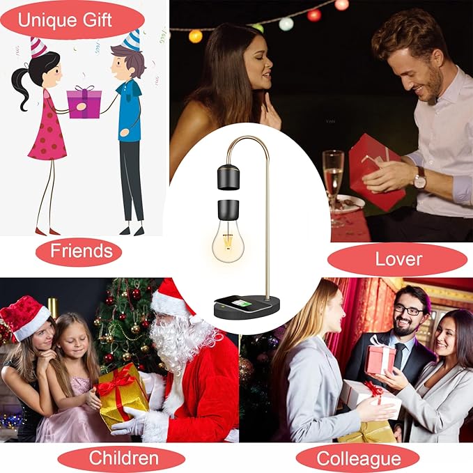 Levitating Light Bulb Lamp with Wireless Charging Pad (Apple/Android) Magnetic Levitation Floating Table Lamp Gold with Replacement Bulb for Home Office Christmas Gift Bedroom Decoration - LeafyLoom