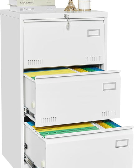 3 Drawer Lateral Lock and Card Holder, Multifunctional Metal Filing Cabinets w/Heavy 3 Section Slide Rail & Breathable Holes,for Legal/Letter/A4,White - LeafyLoom