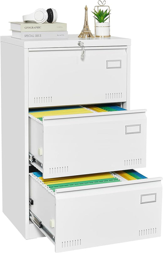 3 Drawer Lateral Lock and Card Holder, Multifunctional Metal Filing Cabinets w/Heavy 3 Section Slide Rail & Breathable Holes,for Legal/Letter/A4,White - LeafyLoom