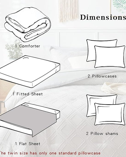 7 Pieces Tufted Bed in a Bag Queen Comforter Set with Sheets Light Grey, Soft and Embroidery Shabby Chic Boho Bohemian, Solid Color with Diamond Pattern, Jacquard Tufts Bedding Set for All Season - LeafyLoom