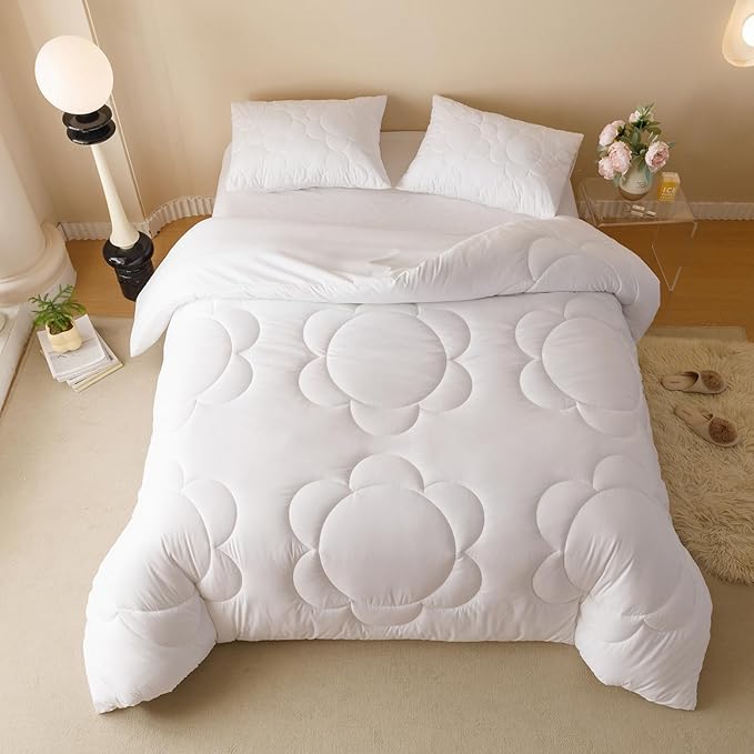 White Flower Comforter King White Sunflower Print Bed King Comforter Set 3 Pieces White Floral Comforter Set for Women Girls Bedroom Decor All Season Hotel Quality Comforter Set - LeafyLoom