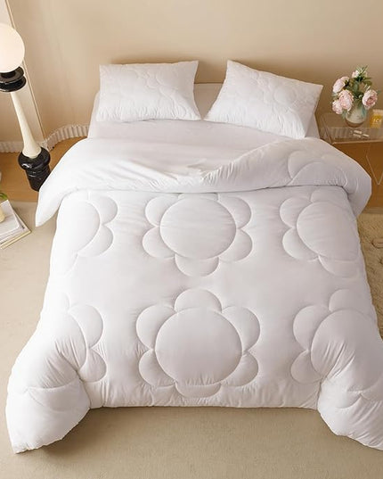 White Flower Comforter Full White Sunflower Print Bed Full Comforter Set 3 Pieces White Floral Comforter Set for Boys Girls Teens Bedroom Decor All Season Hotel Quality Comforter Set - LeafyLoom