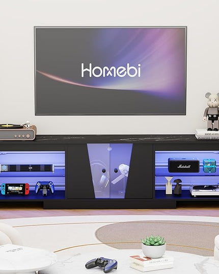 HOME BI TV Stand with LED Lights for TVs up to 70 inch, Entertainment Center with Glass Shelves and Two Cabinets, Console TV Stand for Living Room, 22 RGB Modes, Black - LeafyLoom