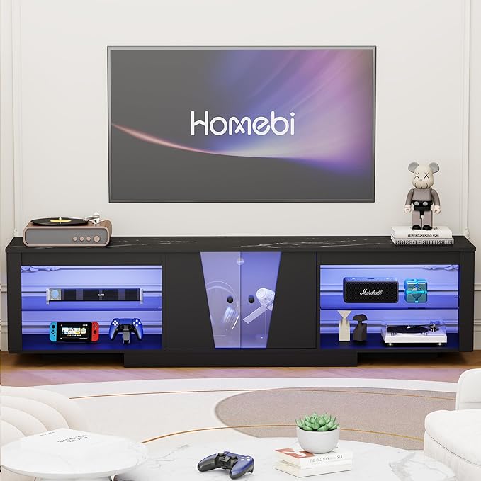 HOME BI TV Stand with LED Lights for TVs up to 70 inch, Entertainment Center with Glass Shelves and Two Cabinets, Console TV Stand for Living Room, 22 RGB Modes, Black - LeafyLoom