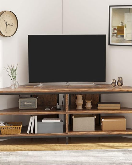 MUTUN Corner TV Stand with Power Outlet, Corner TV Stand for 32 43 50 55 60 Inch TV, Corner Entertainment Center, Industrial TV Console Table for Living Room Bedroom, 55 Inch, Rustic Brown - LeafyLoom