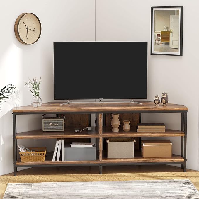 MUTUN Corner TV Stand with Power Outlet, Corner TV Stand for 32 43 50 55 60 Inch TV, Corner Entertainment Center, Industrial TV Console Table for Living Room Bedroom, 55 Inch, Rustic Brown - LeafyLoom